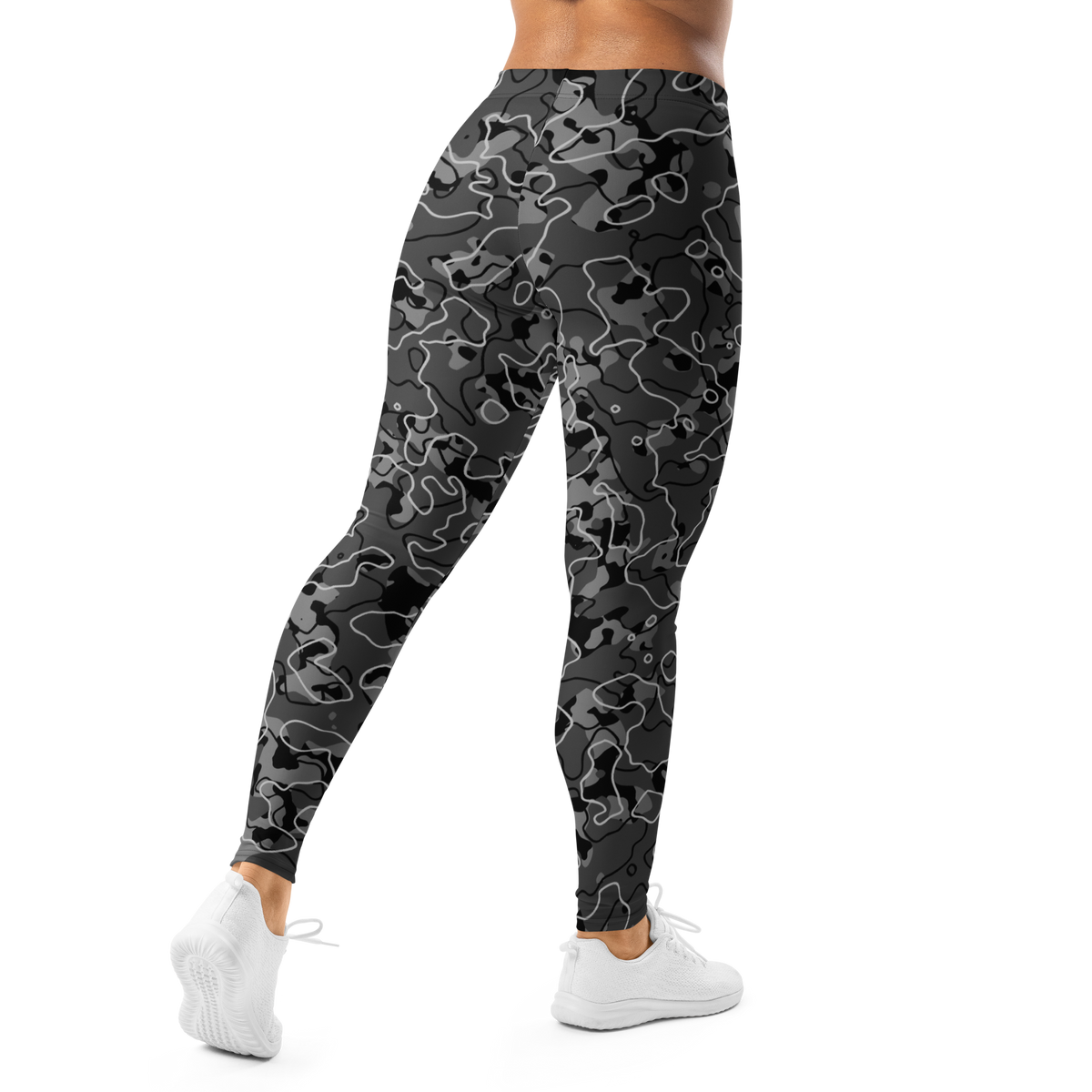 Tundra Greyscale camouflage mid-rise comfort leggings, back view.