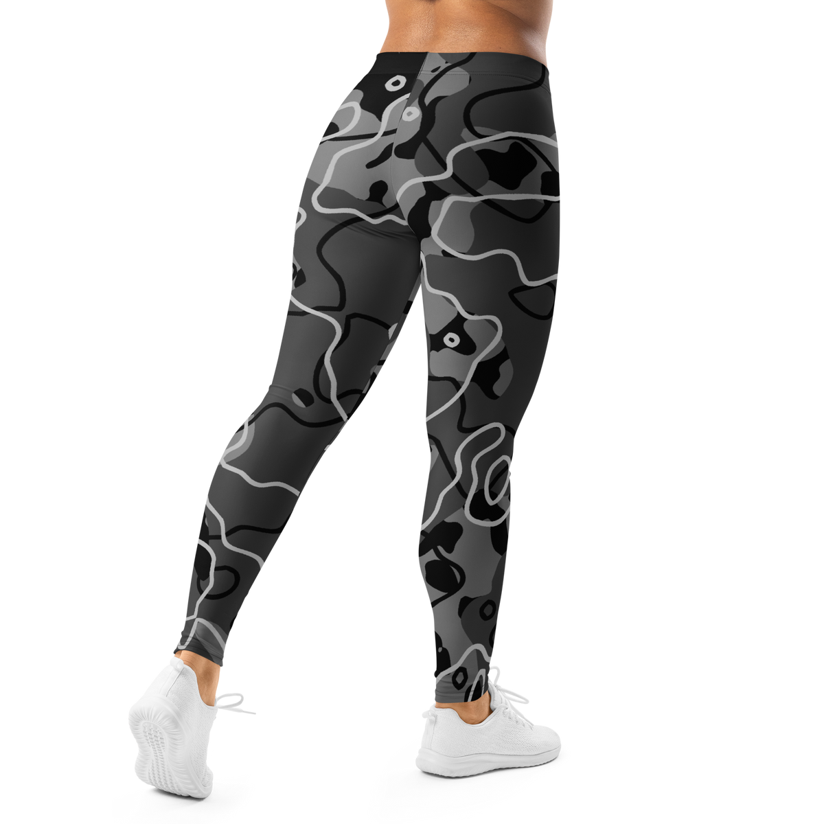 Tundra Greyscale Large-Scale camouflage mid-rise comfort leggings, back view.
