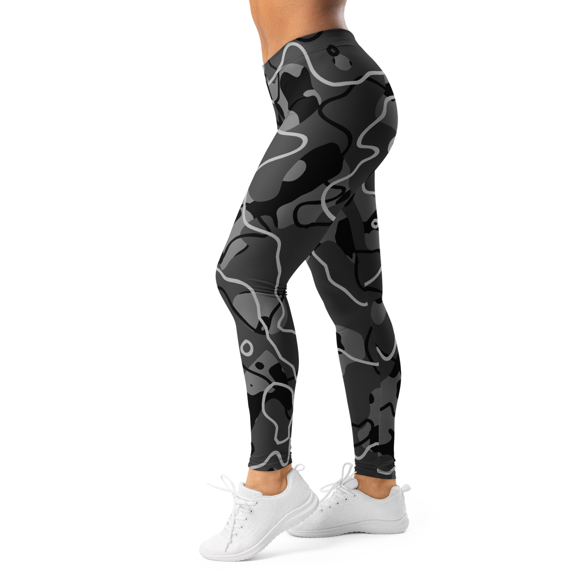 Tundra Greyscale Large-Scale camouflage mid-rise comfort leggings, left-side view.