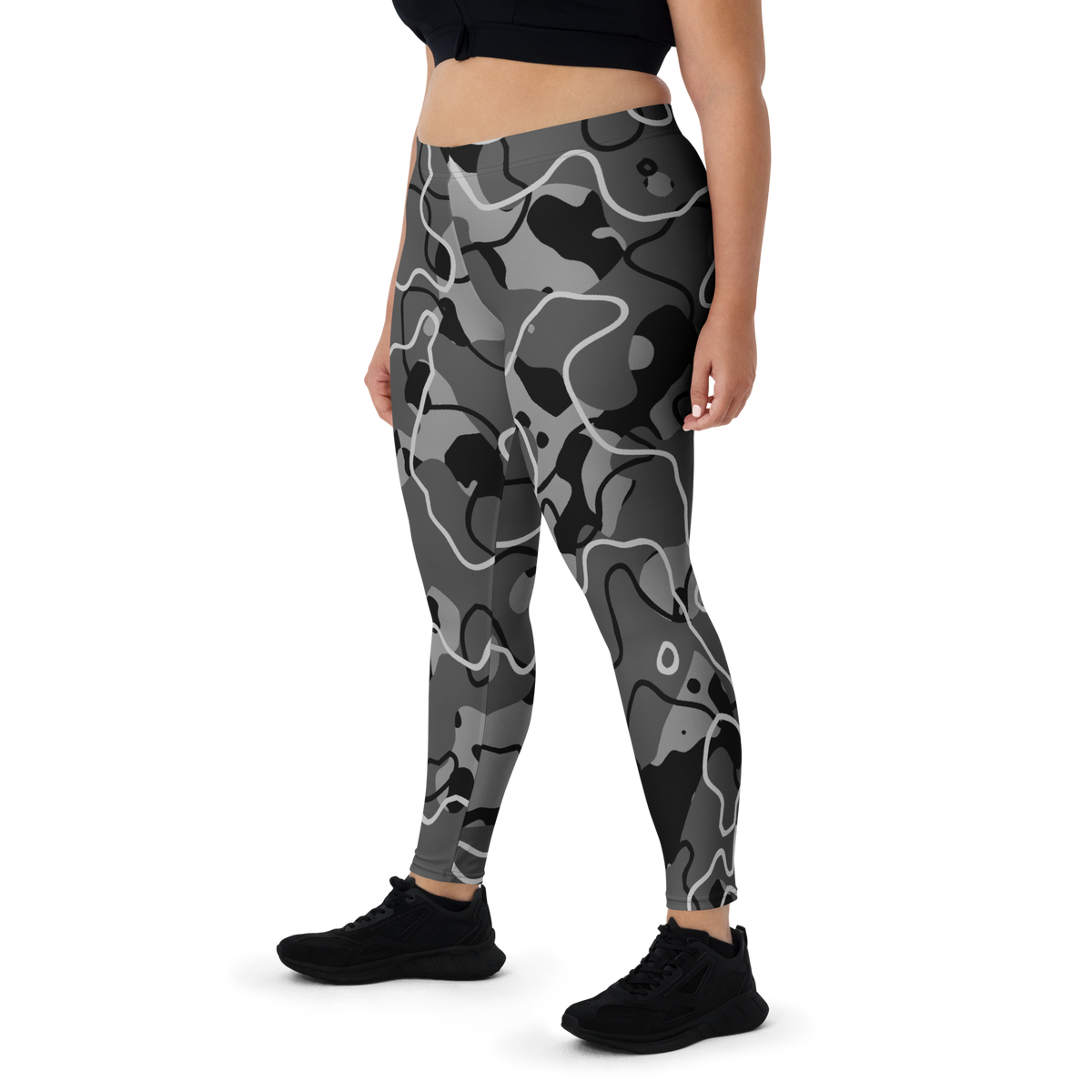 Tundra Greyscale Large-Scale camouflage mid-rise comfort leggings, oversize-fit front view.