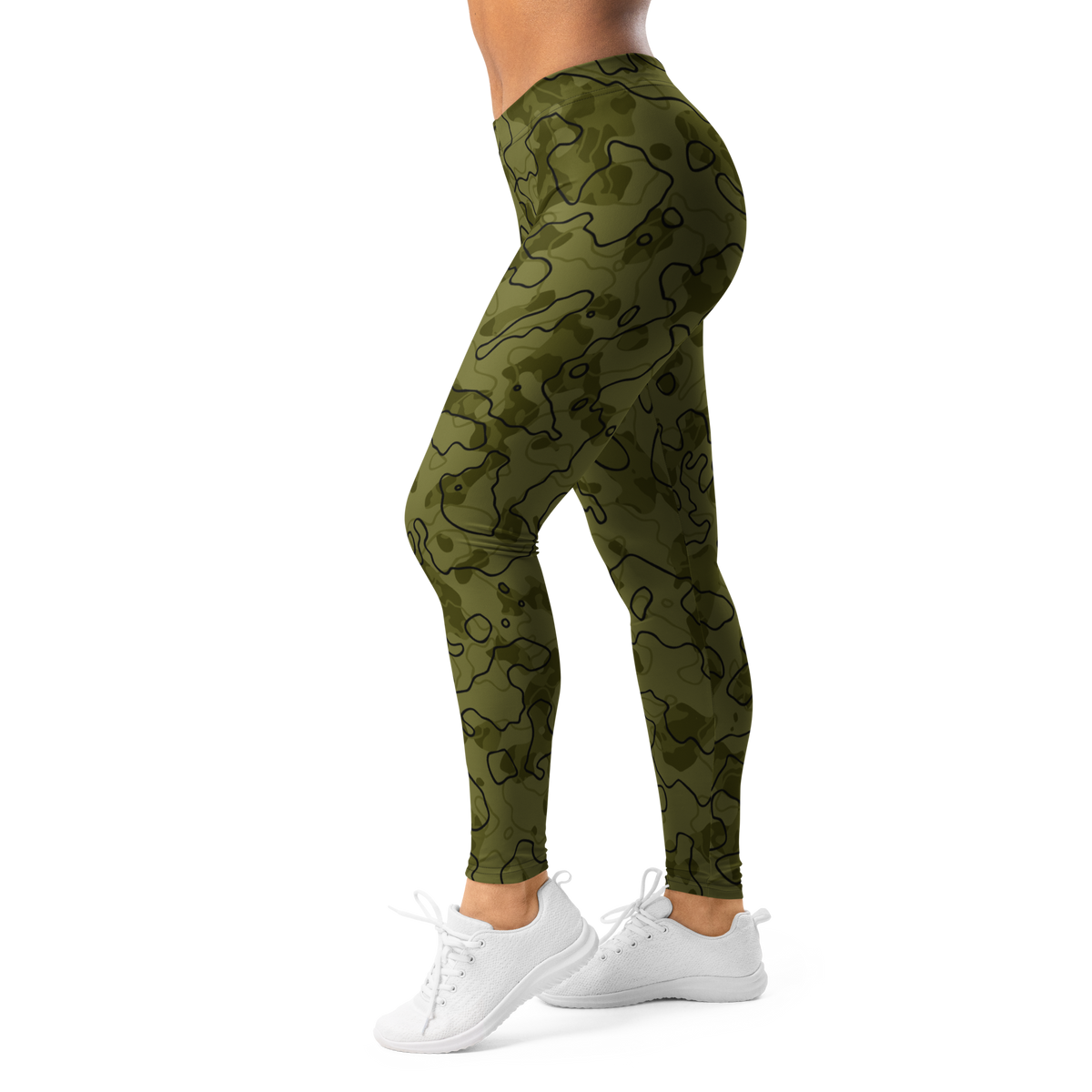 Tundra Cardamom Seed camouflage mid-rise comfort leggings, left-side view.