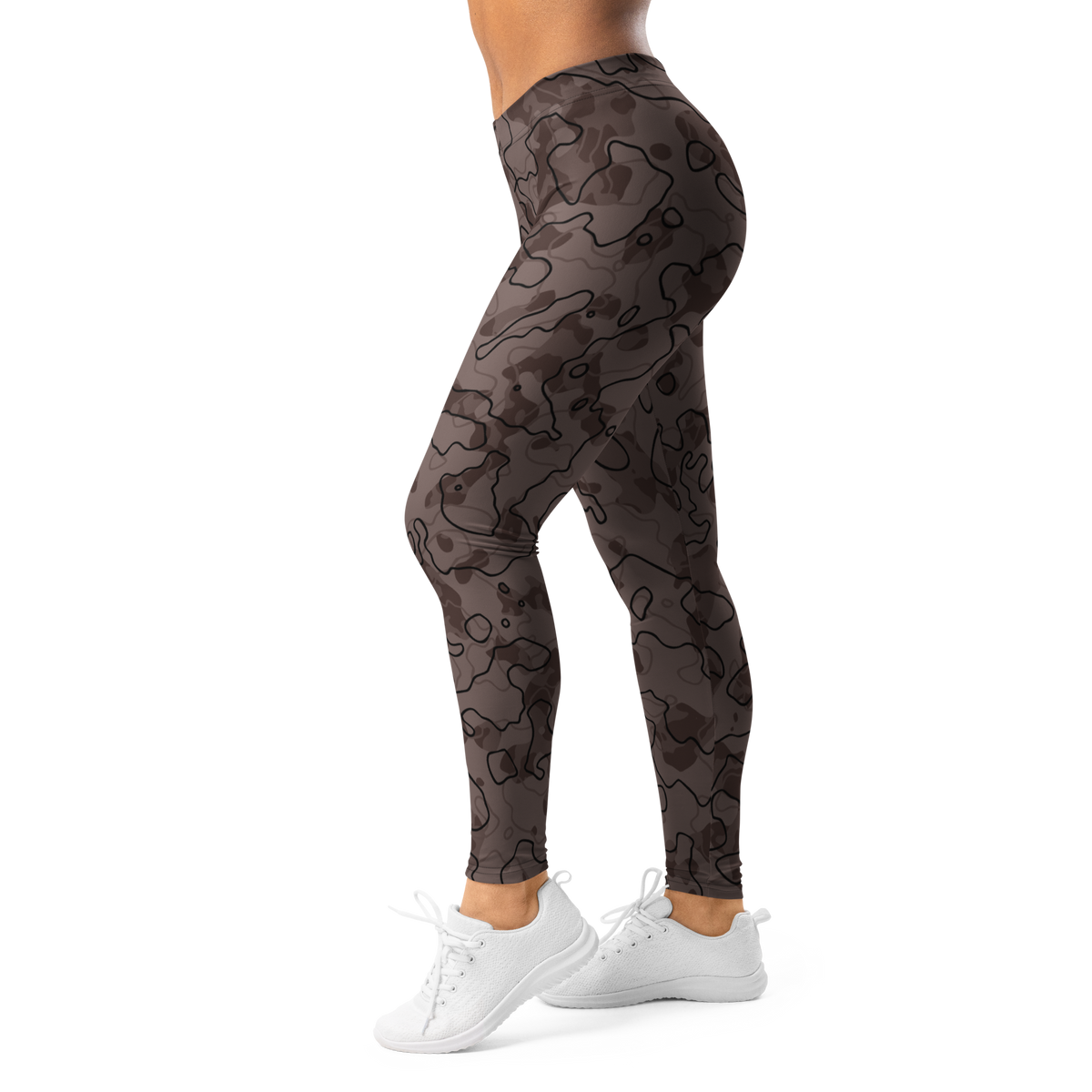 Tundra Chicory Coffee camouflage mid-rise comfort leggings, left-side view.