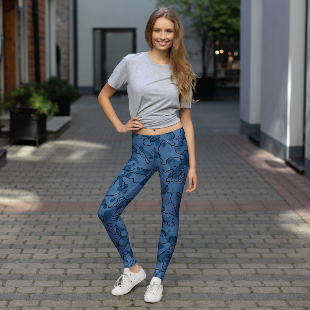Tundra Lichen Blue camouflage mid-rise comfort leggings, lifestyle front view.